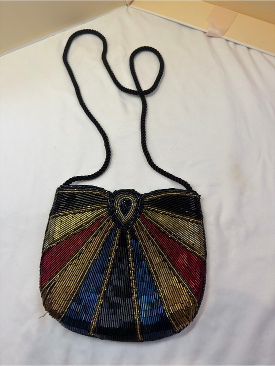 Lindsey Blake Handbags - Multicolor Beaded Fan-Panel Crossbody Bag with Black Rope Strap